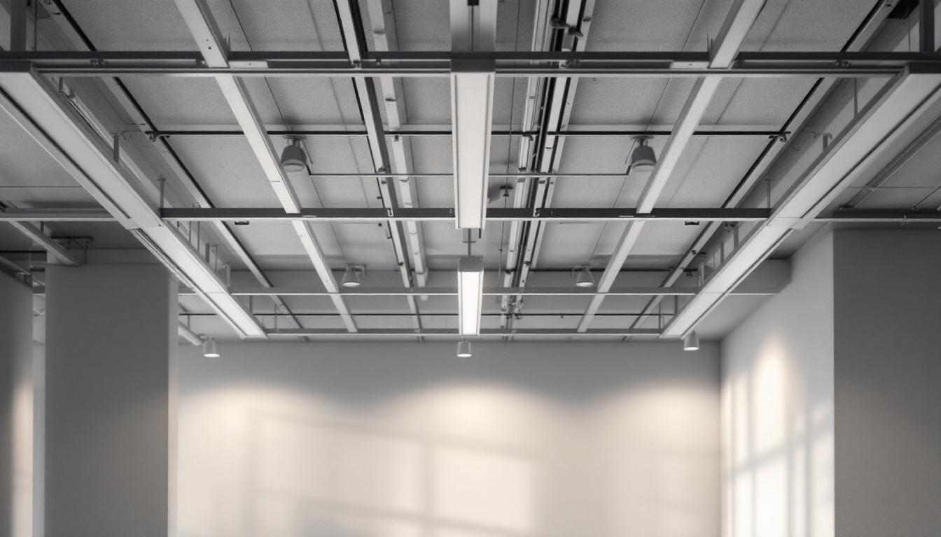 A photograph of a well-structured dropped ceiling frame installation in a well-lit space