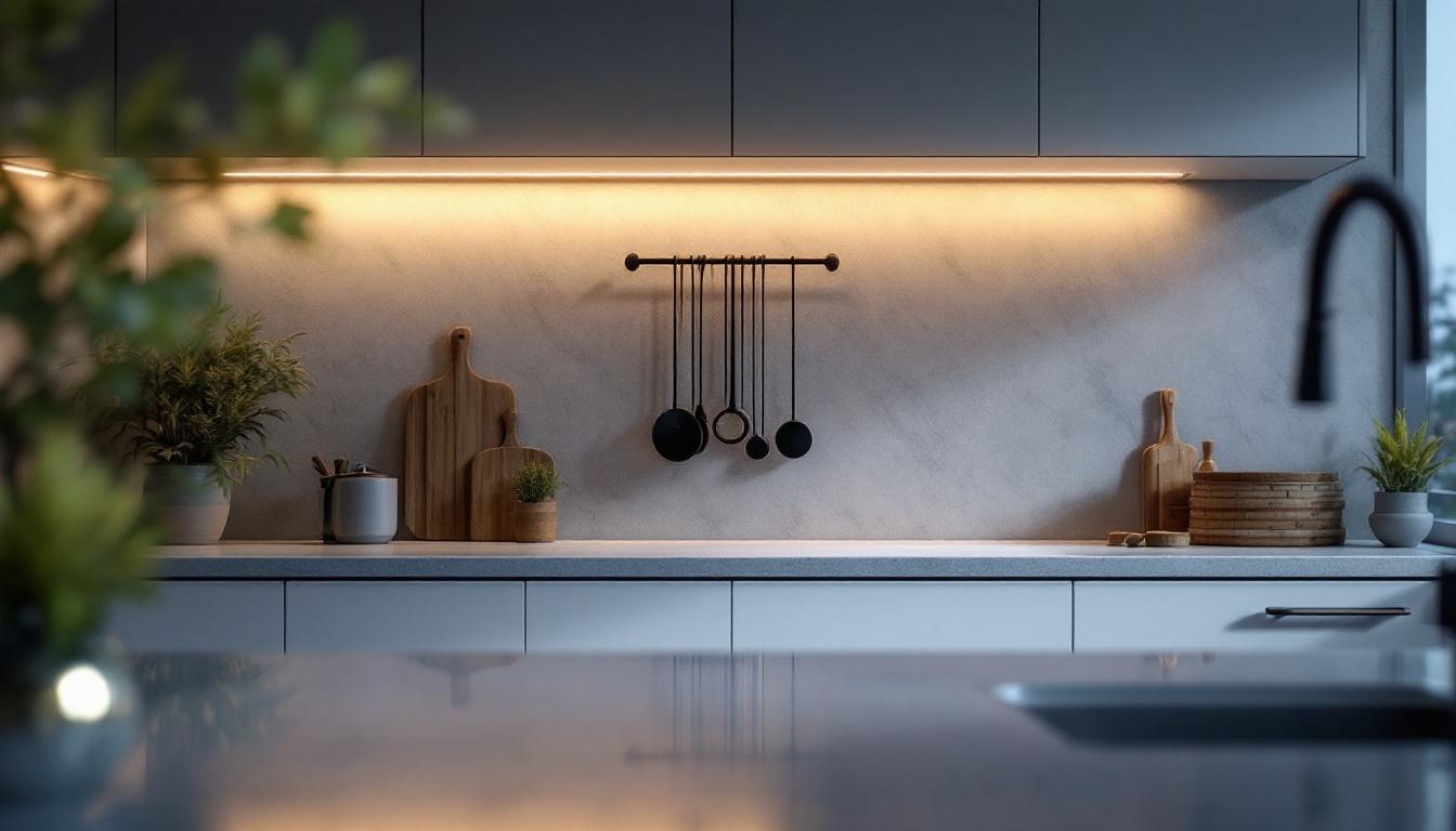 A photograph of a stylish kitchen featuring a modern under cabinet lighting fixture that highlights the countertop workspace