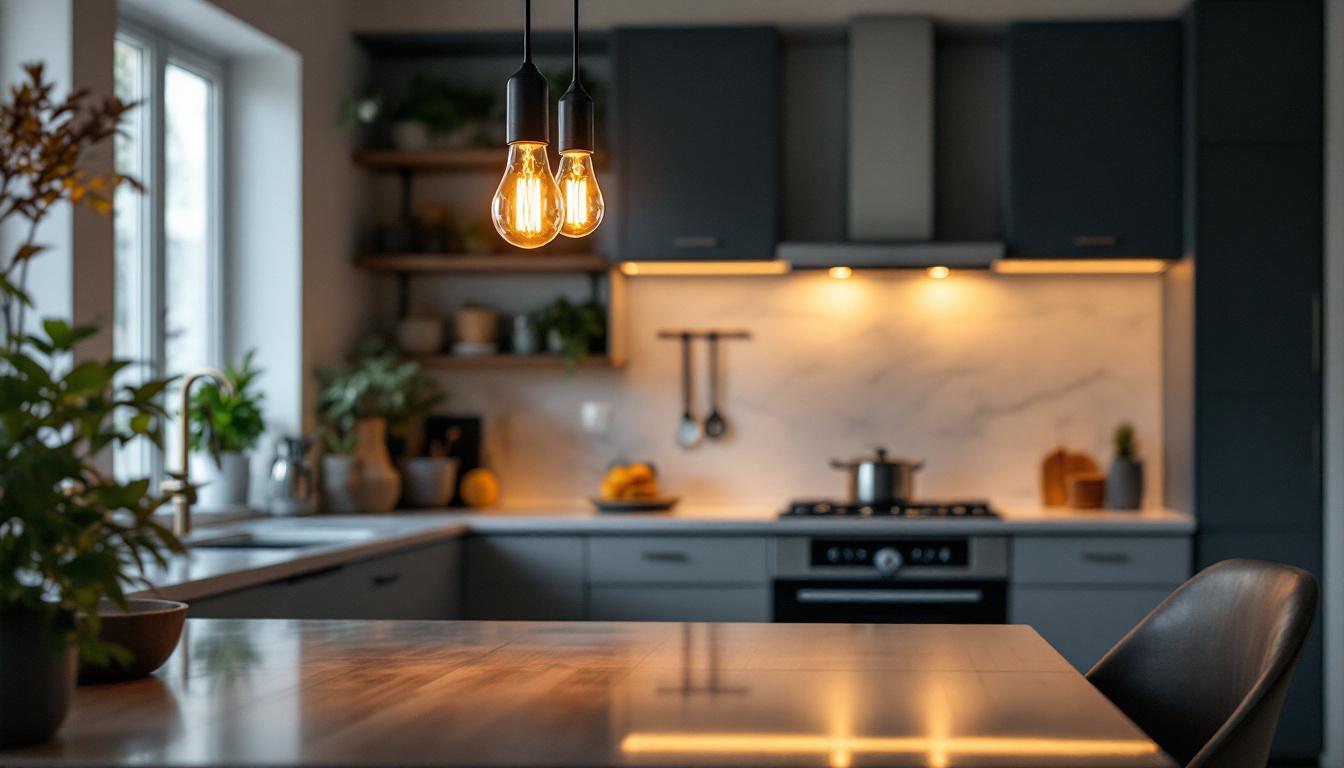 A photograph of a modern kitchen featuring stylish cabinet light bulbs in action