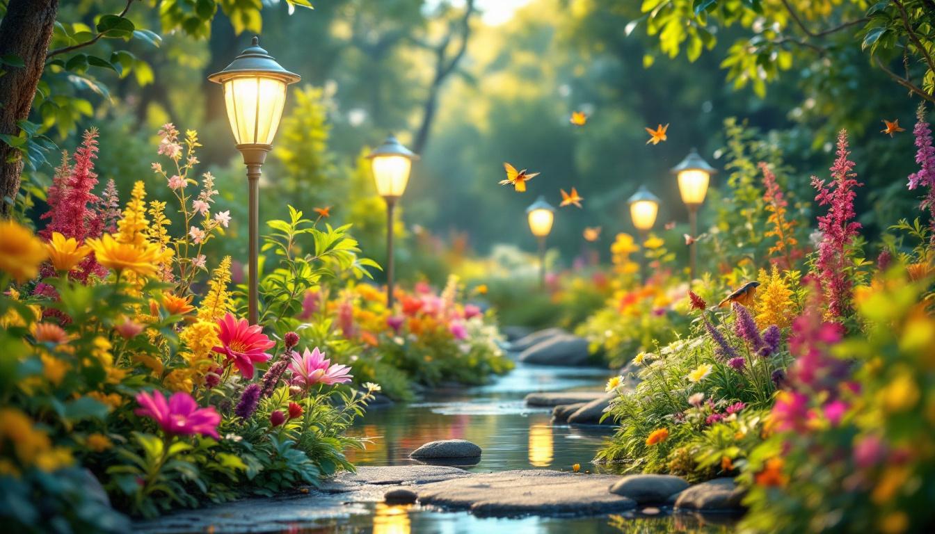 A photograph of a vibrant natural environment featuring a variety of wildlife interacting with lamp installations