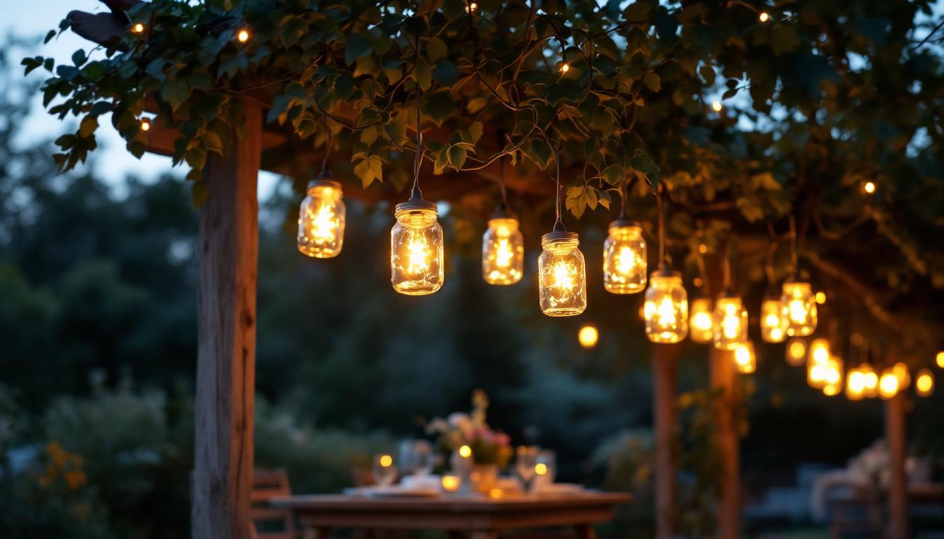 A photograph of a beautifully arranged outdoor setting featuring mason jar lights hanging from trees or a rustic pergola