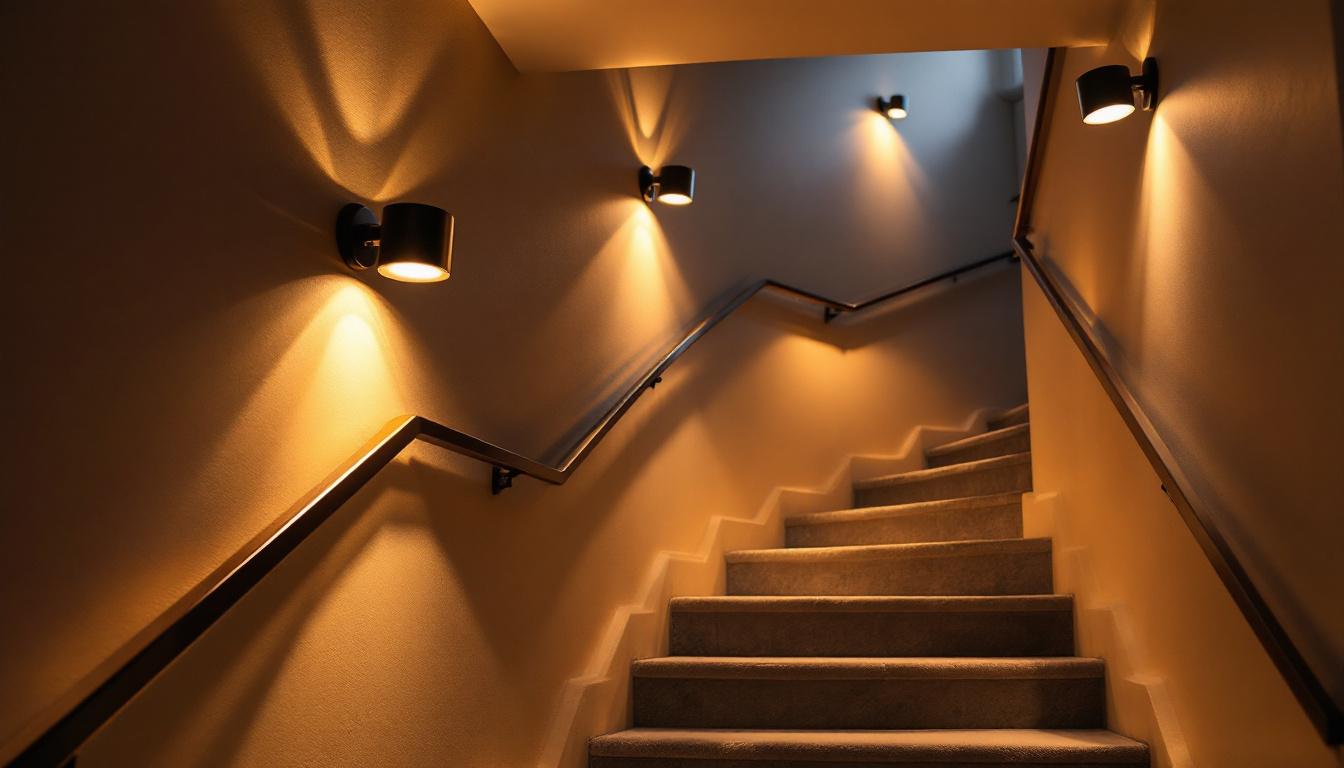 A photograph of a well-lit basement stairway showcasing a combination of stylish lighting fixtures and practical illumination