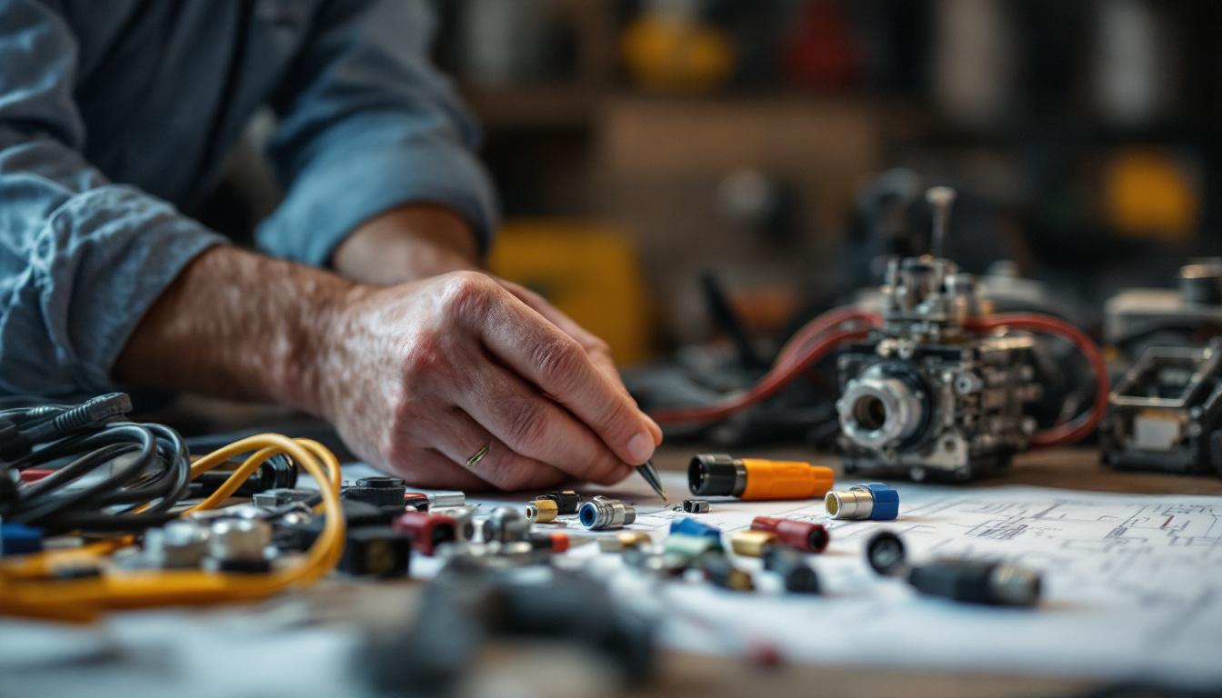 A photograph of a skilled electrical engineer examining various wire fittings and connectors on a workbench