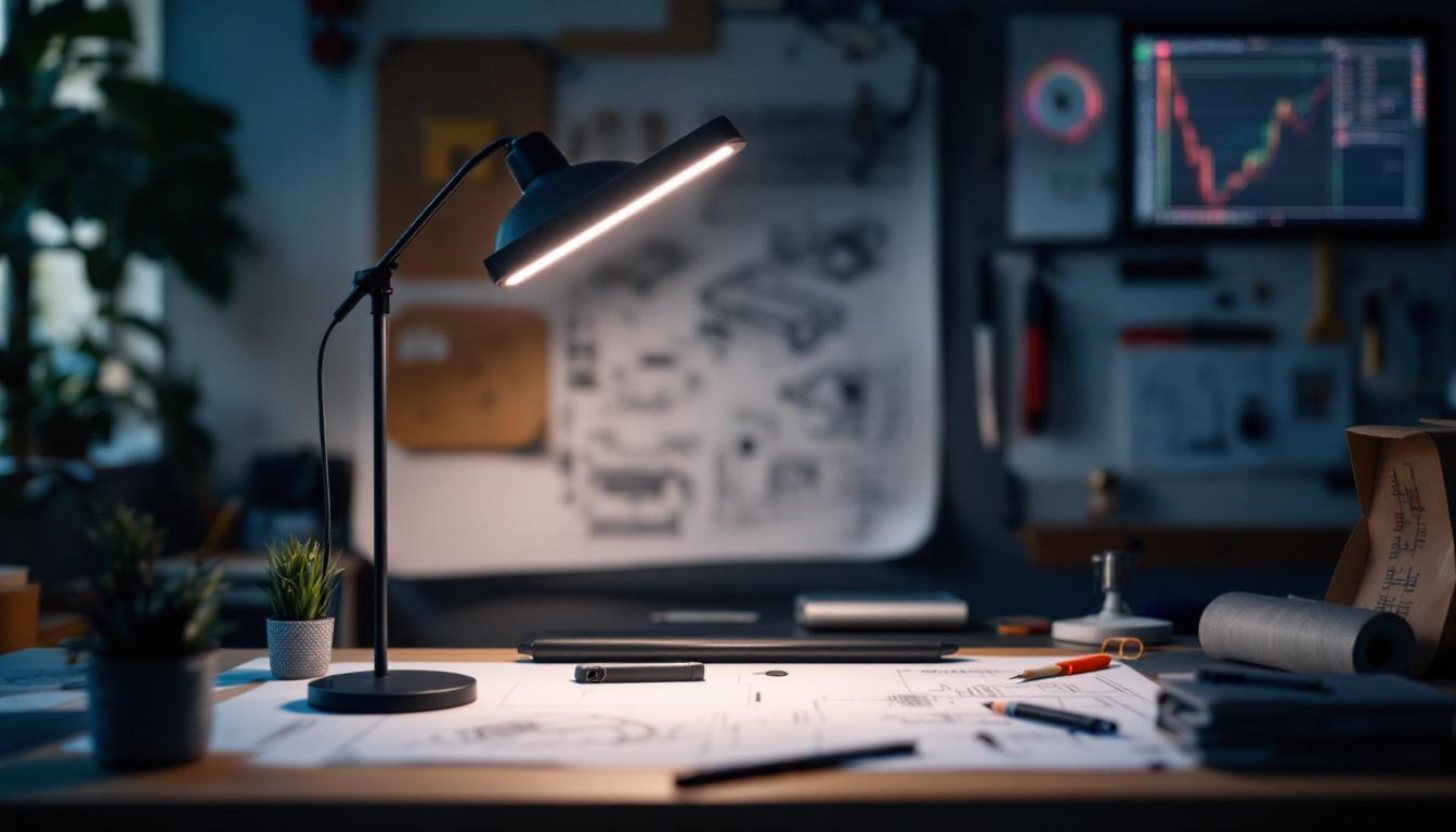 A photograph of a modern workspace featuring a sleek lamp tube led illuminating a drafting table