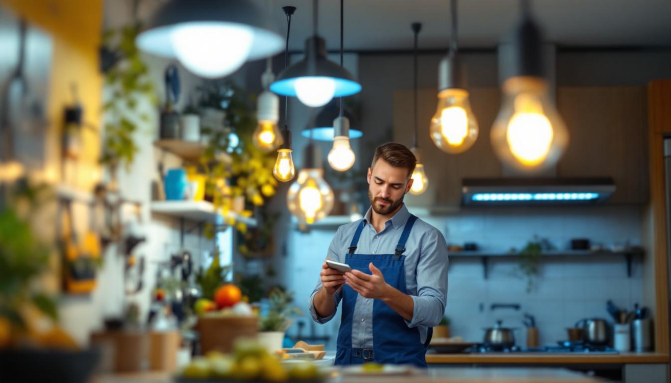 A photograph of a well-lit kitchen showcasing various types of fluorescent light bulbs installed in modern fixtures