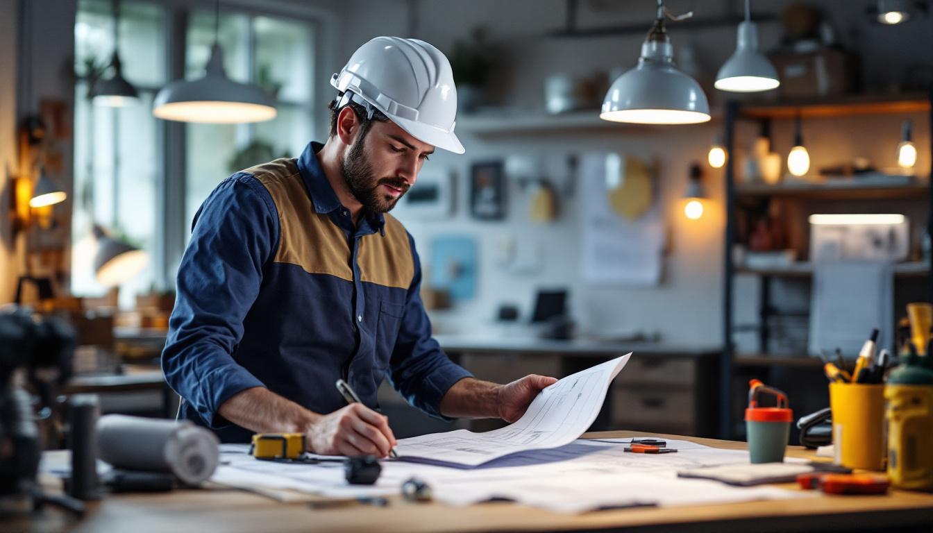 A photograph of a professional electrical engineer reviewing lighting plans and specifications on a blueprint