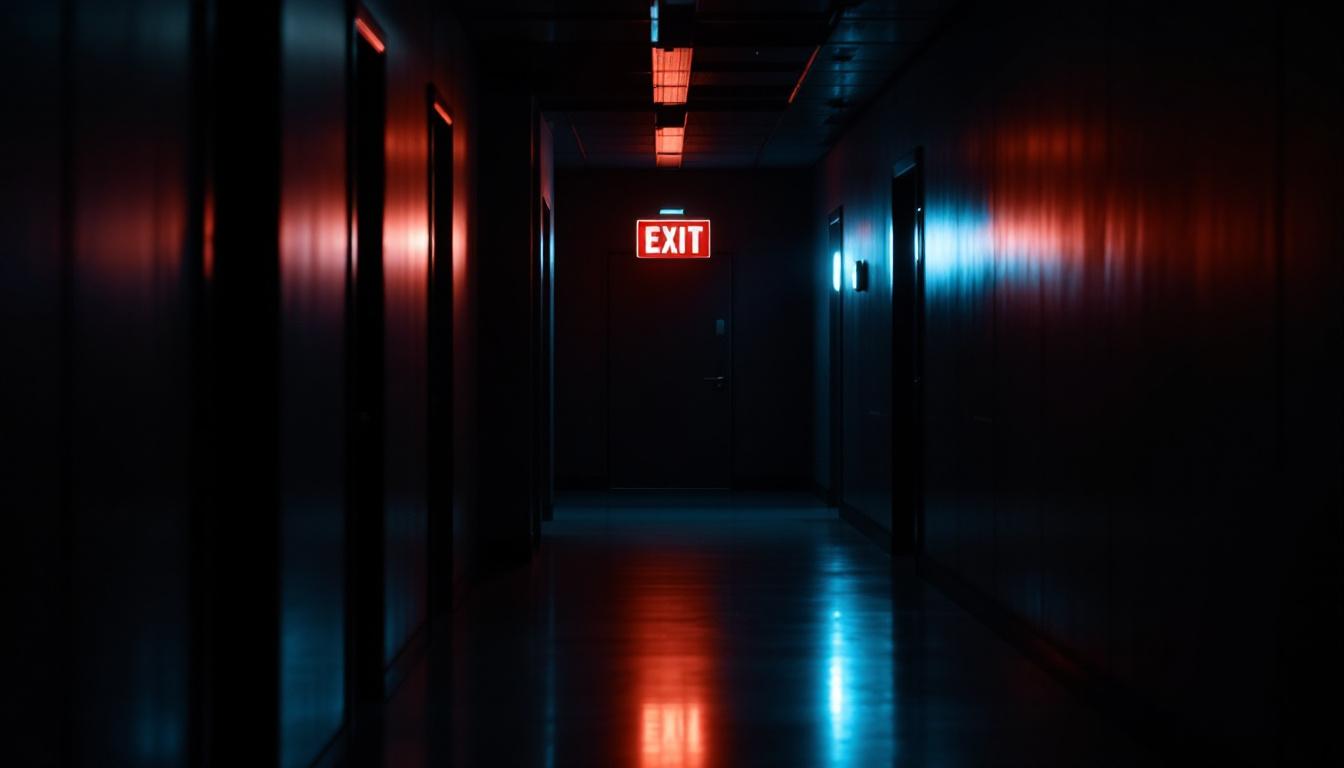 A photograph of a well-lit emergency exit sign in a dimly lit corridor