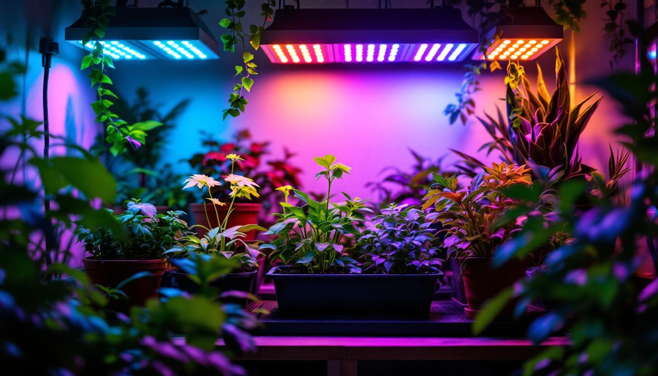 A photograph of a well-lit indoor gardening setup featuring vibrant plants illuminated by various led grow lights
