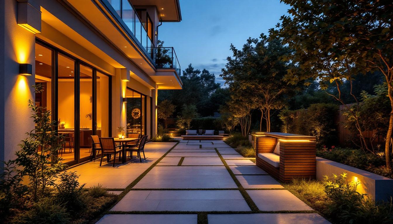 A photograph of a beautifully designed outdoor patio illuminated by recessed lighting