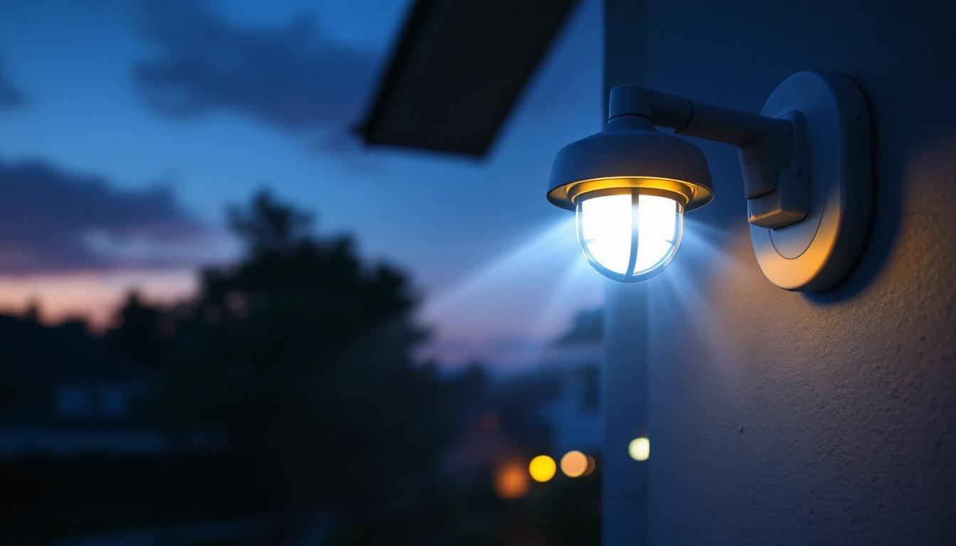 A photograph of a bright security light illuminating a residential area at dusk
