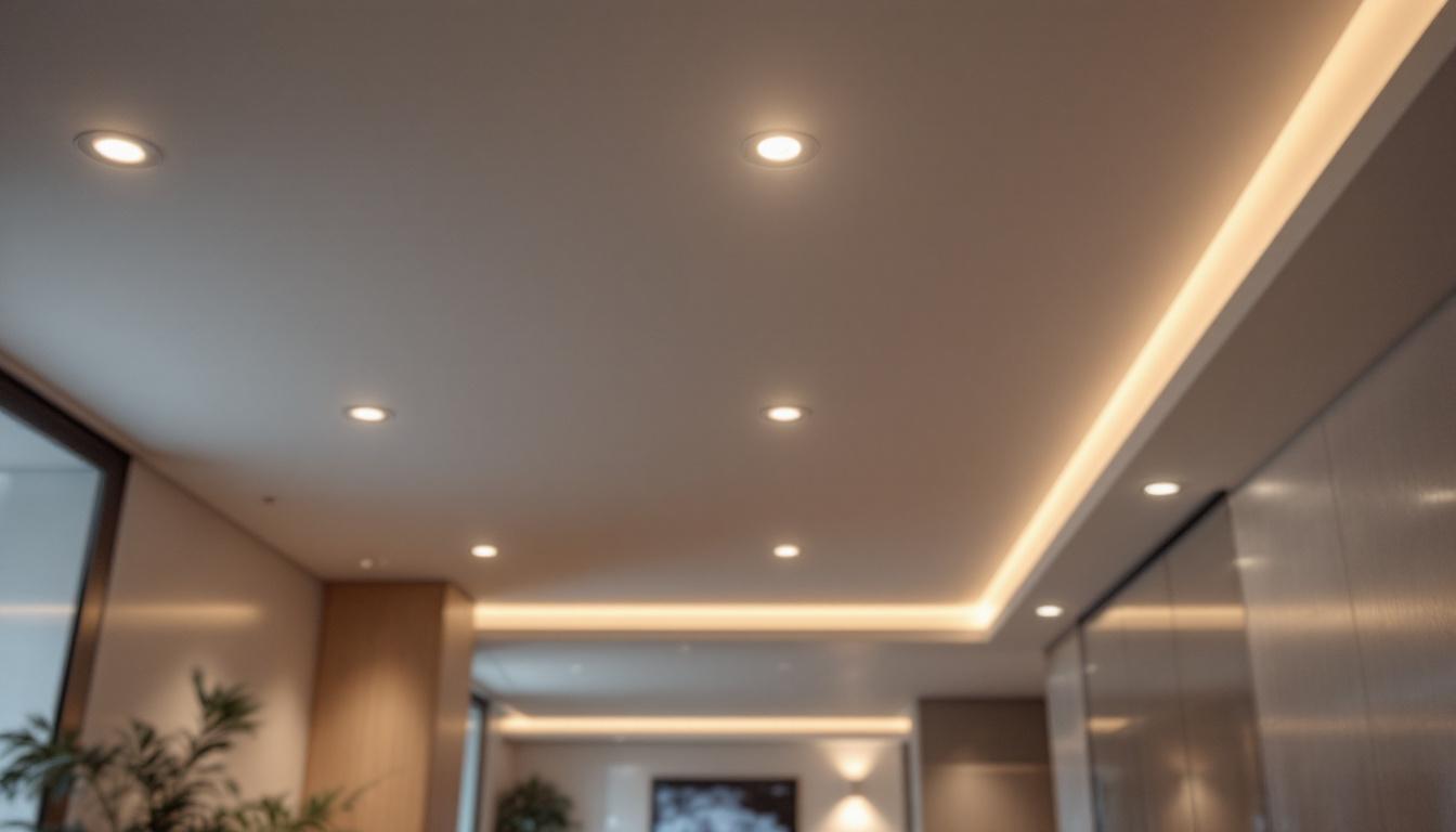 A photograph of a modern interior space featuring j box recessed lighting installed in the ceiling