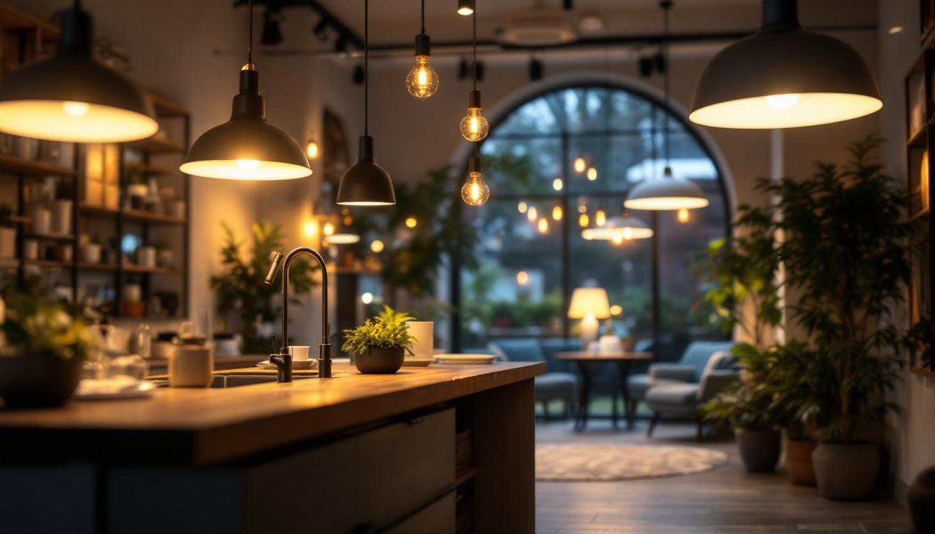 A photograph of a well-lit indoor space showcasing a variety of high-quality led lighting fixtures in use