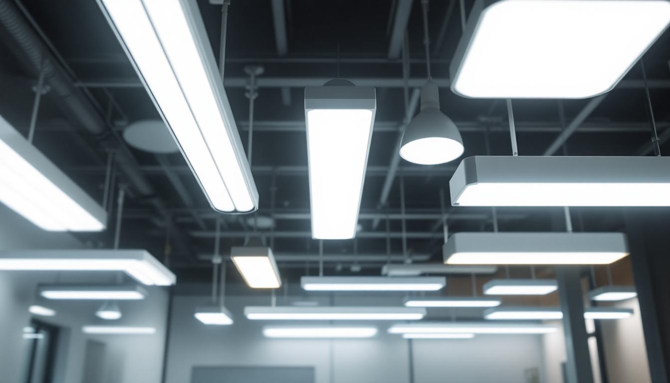 A photograph of a variety of fluorescent light fixtures in different sizes and settings