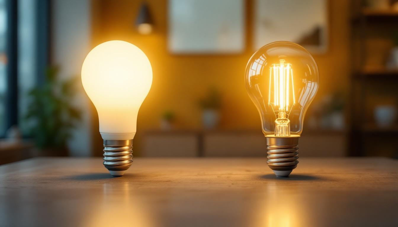 A photograph of a side-by-side comparison of a fluorescent light and an led bulb in a modern setting