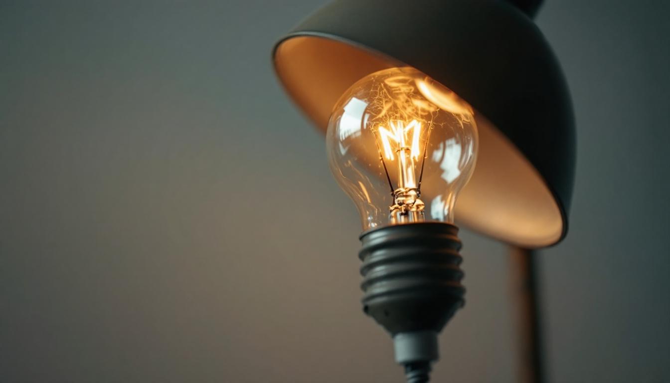 A photograph of a close-up of a lamp with a visible light bulb