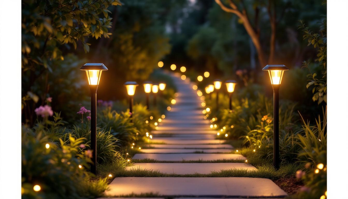 A photograph of a beautifully illuminated garden pathway at dusk