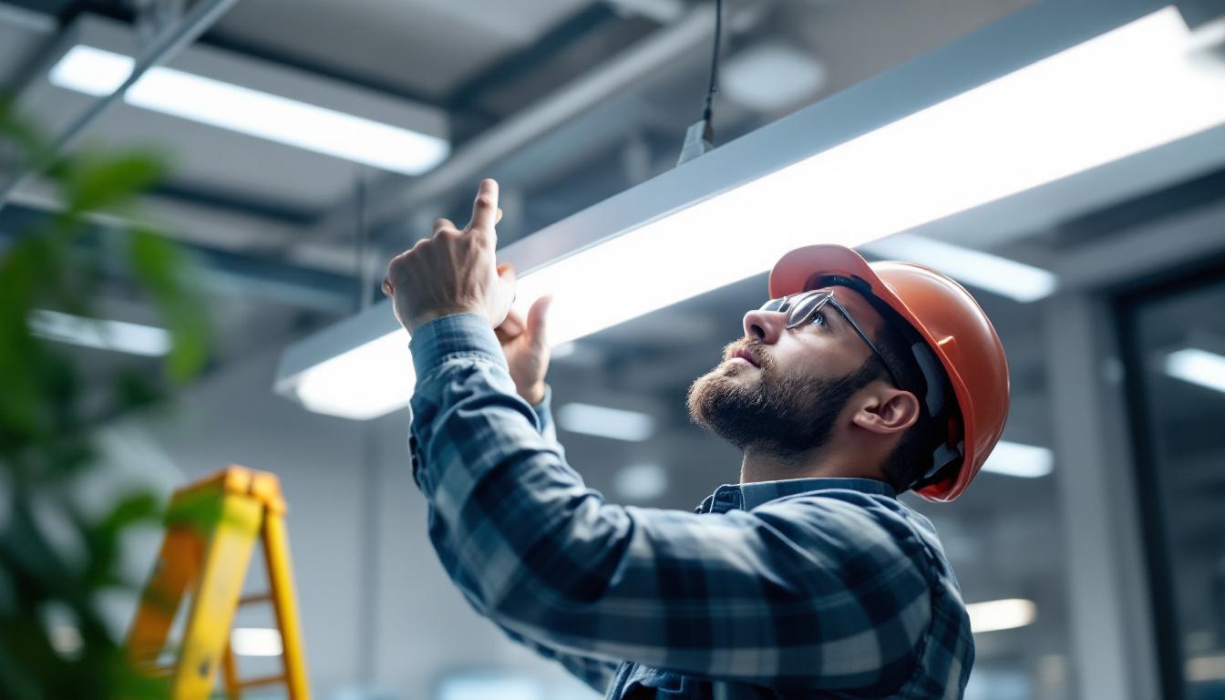 A photograph of a skilled electrical engineer carefully replacing a fluorescent light bulb in a modern office setting