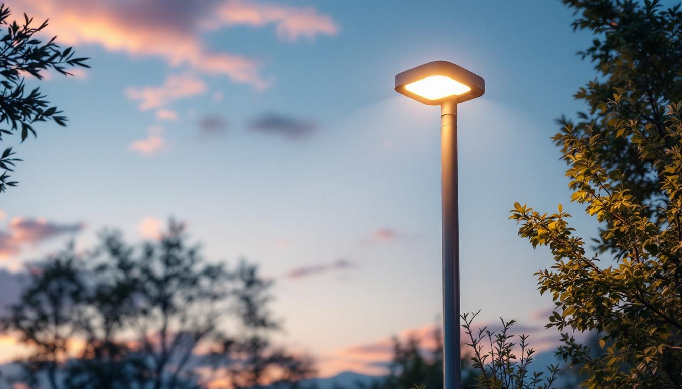 A photograph of a beautifully designed outdoor light fixture pole in a landscaped setting