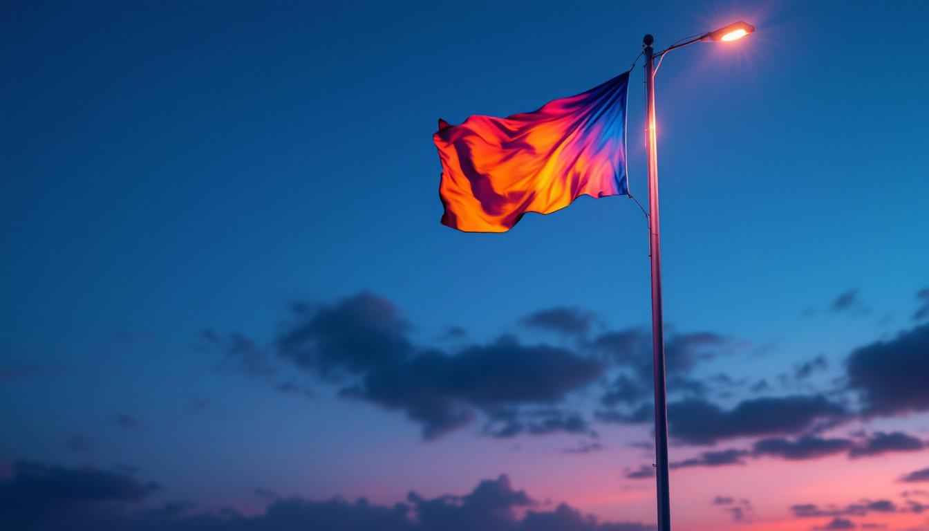 A photograph of a brightly lit flag pole at dusk