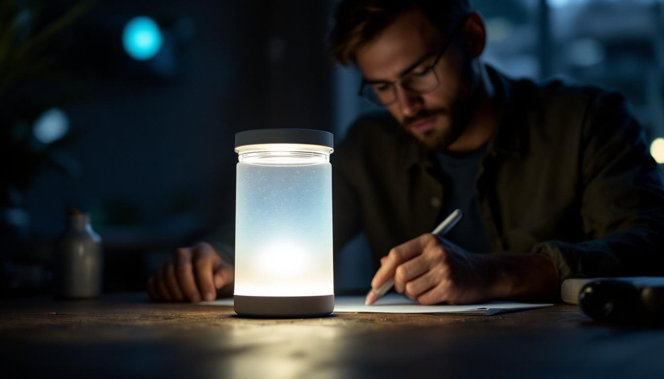 A photograph of a sleek mpowered solar lantern illuminated in a dark setting