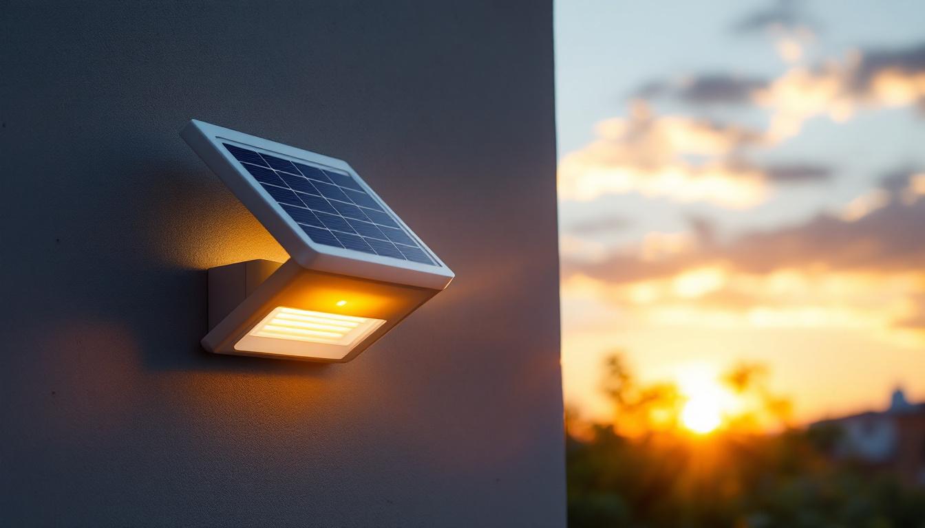 A photograph of a modern solar-powered light fixture installed in an outdoor setting