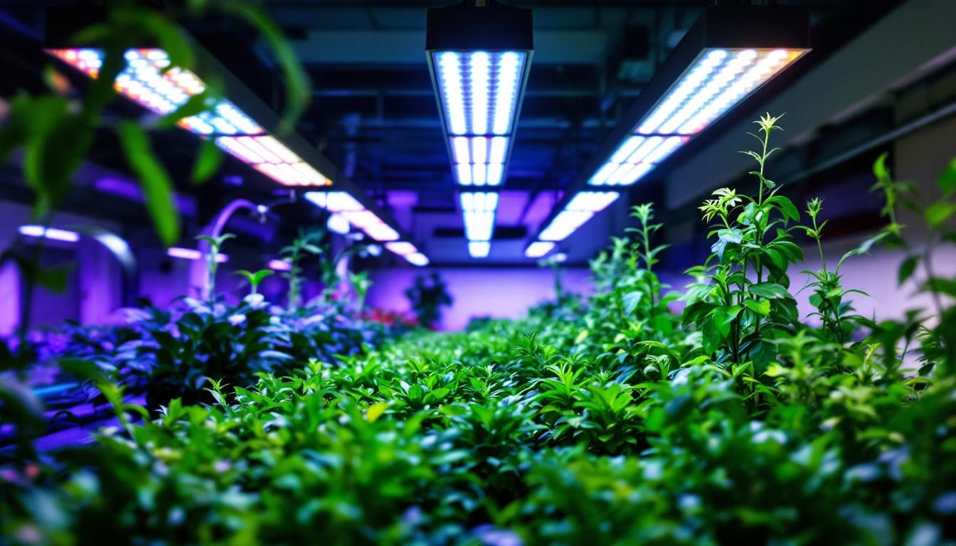 A photograph of a large-scale indoor gardening setup featuring rows of vibrant plants illuminated by an array of affordable led grow lights