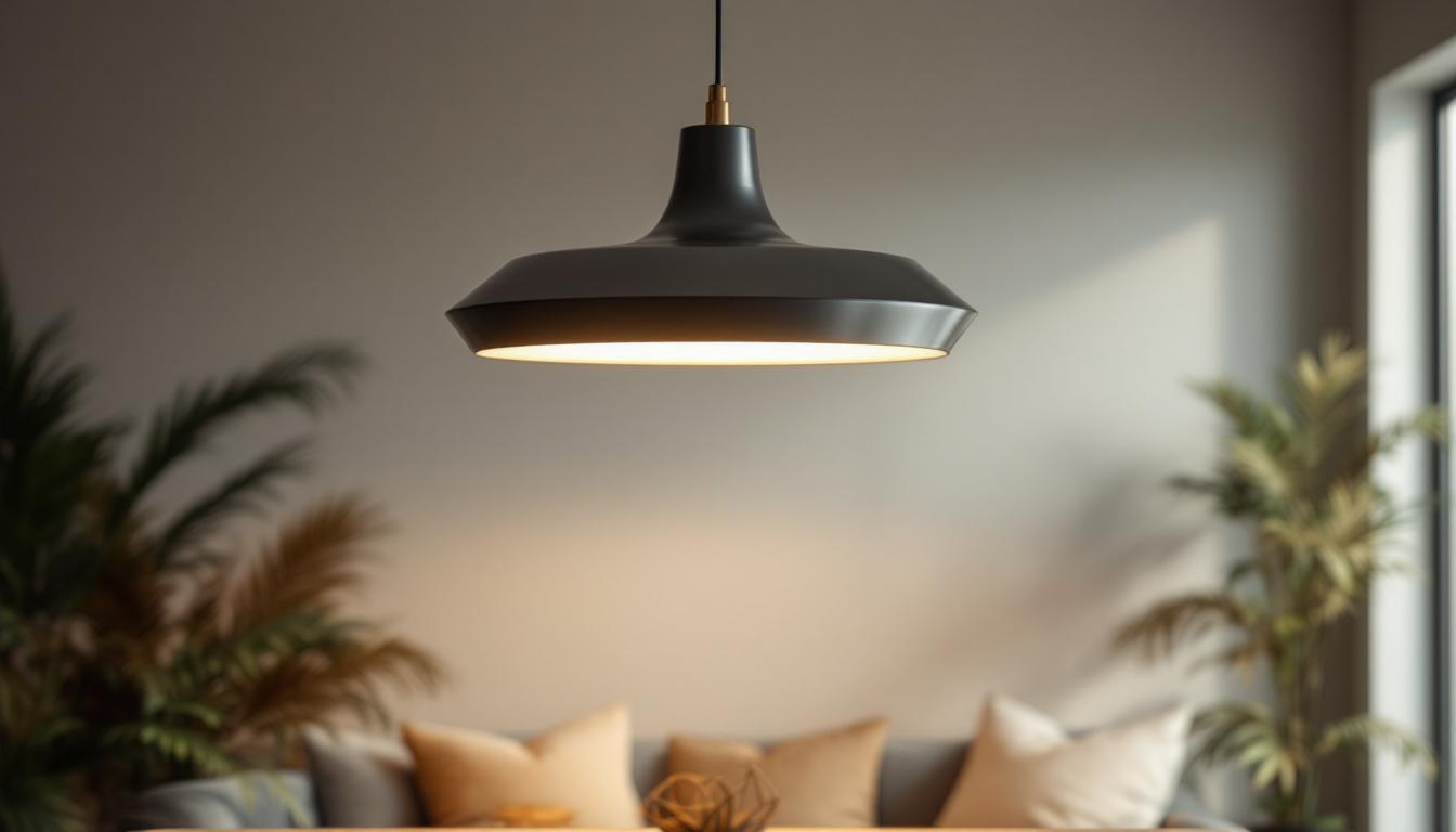 A photograph of a stylish large hanging light fixture in a beautifully designed interior setting