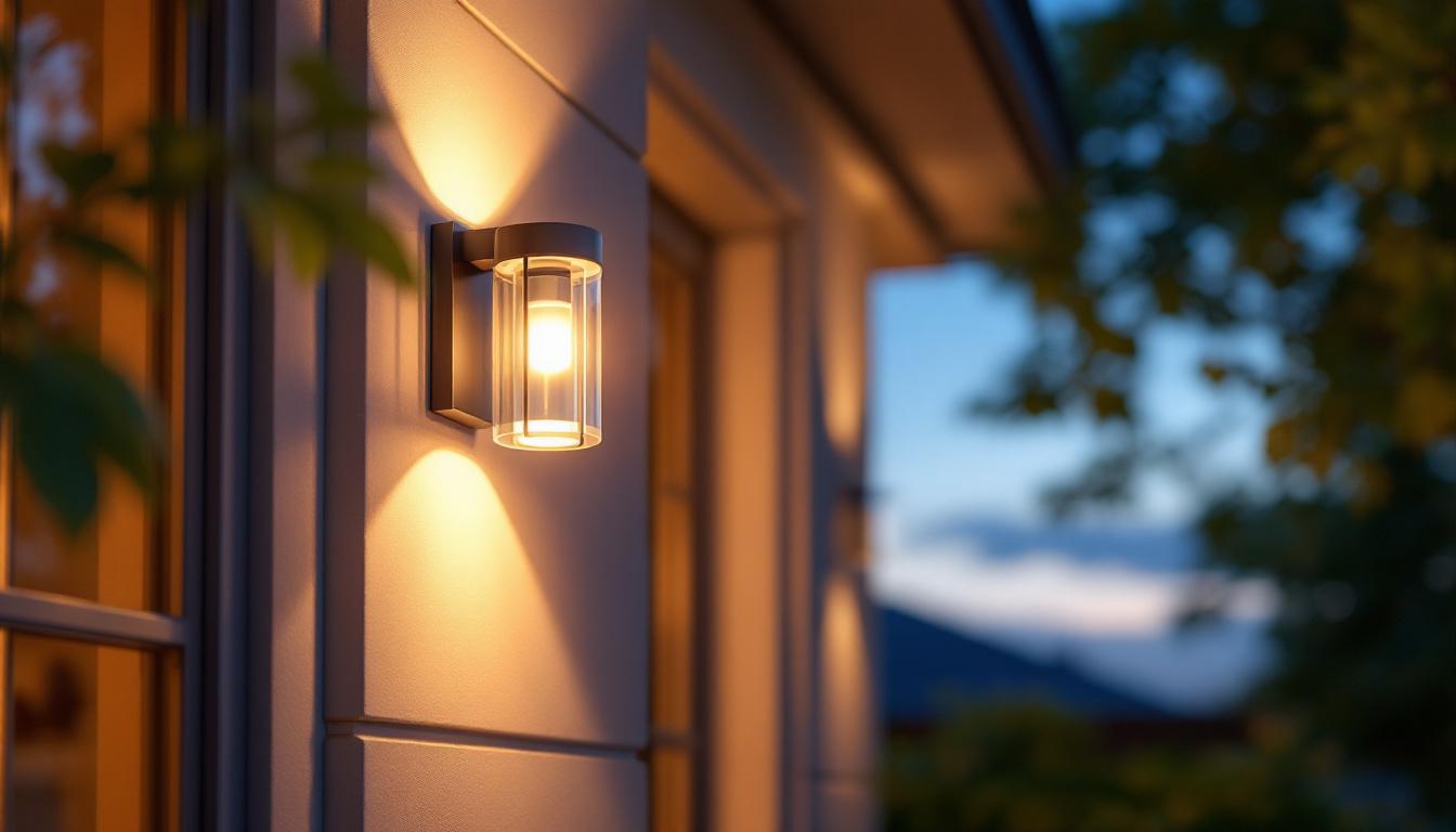 A photograph of a beautifully designed exterior sconce light fixture illuminated at dusk