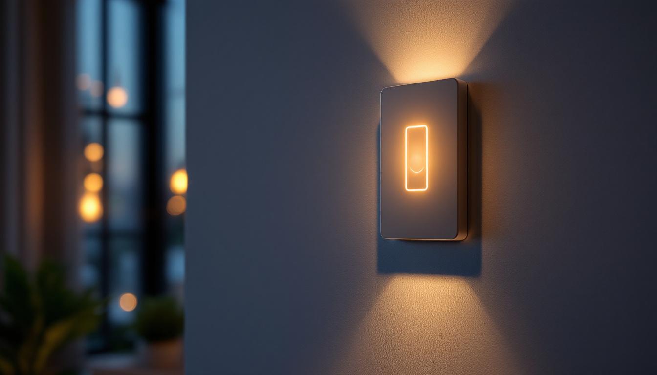 A photograph of a motion sensor switch installed in a modern lighting setup