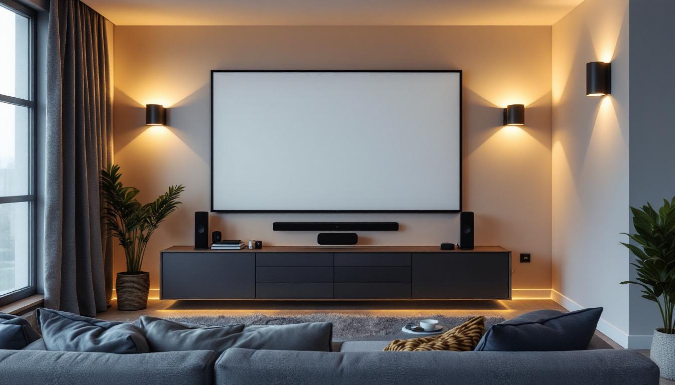 A photograph of a cozy home cinema setup featuring stylish wall lights that illuminate the space