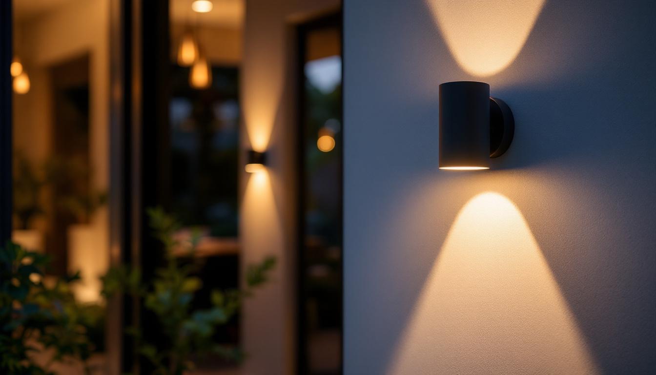 A photograph of a beautifully designed wall-mounted outdoor light fixture illuminating a stylish patio or garden setting at dusk