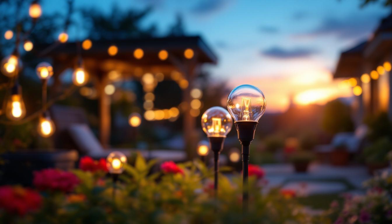 A photograph of a beautifully illuminated outdoor space featuring solar led light bulbs in various fixtures