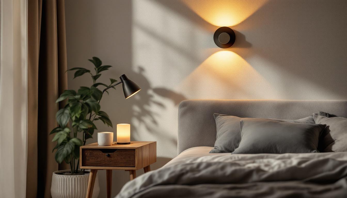 A photograph of a cozy bedroom setting featuring stylish sconce lights that illuminate the space softly
