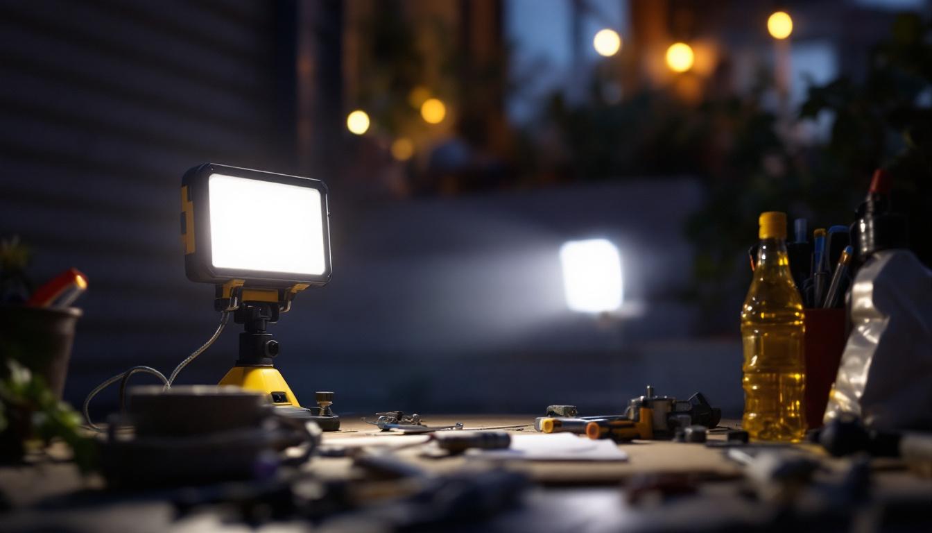 A photograph of a portable outdoor work light in use at dusk