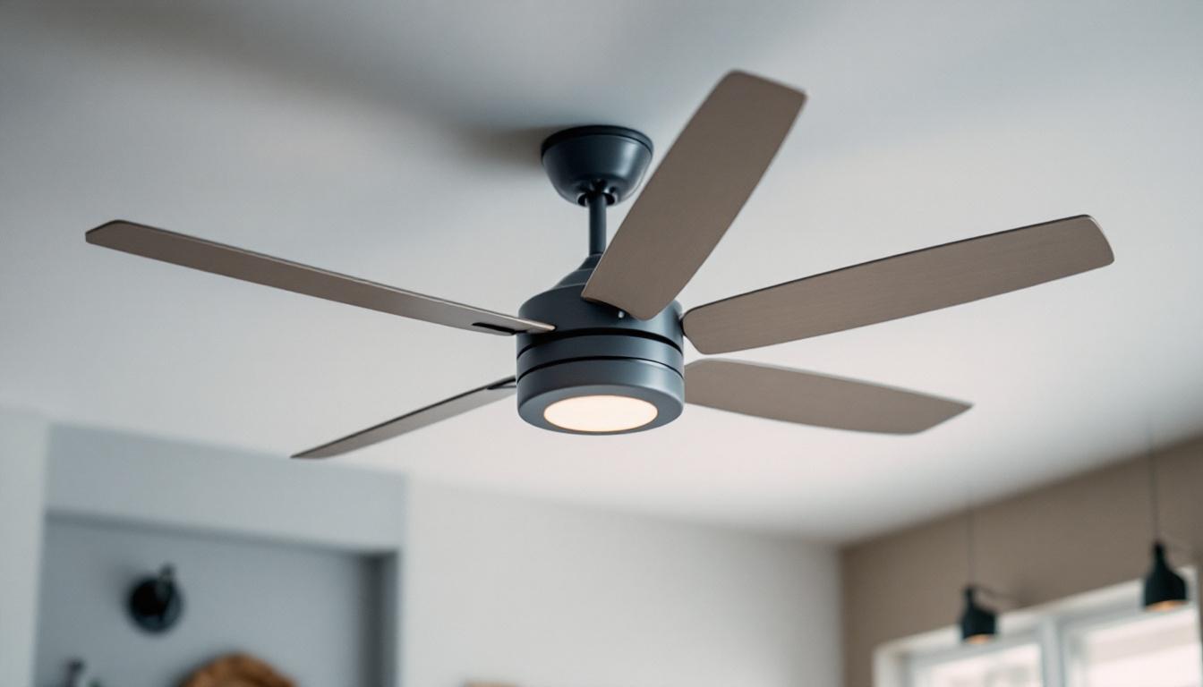 A photograph of a well-lit room showcasing a modern ceiling fan with its control mechanisms