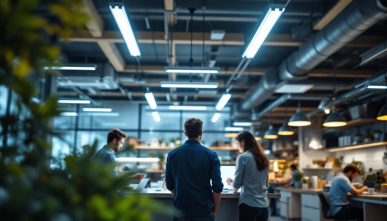 A photograph of a well-lit commercial space showcasing socket fluorescent lighting in action