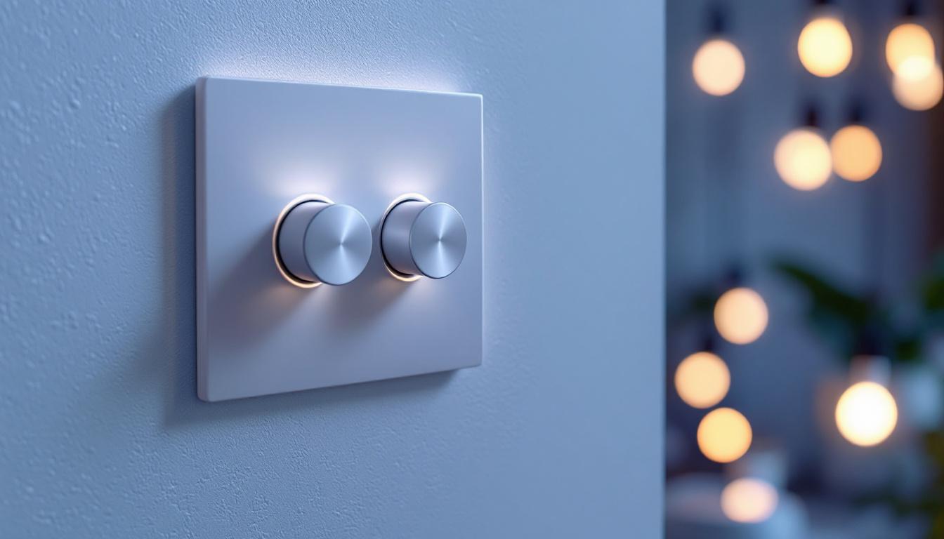 A photograph of a modern dimmer switch installed on a stylish wall