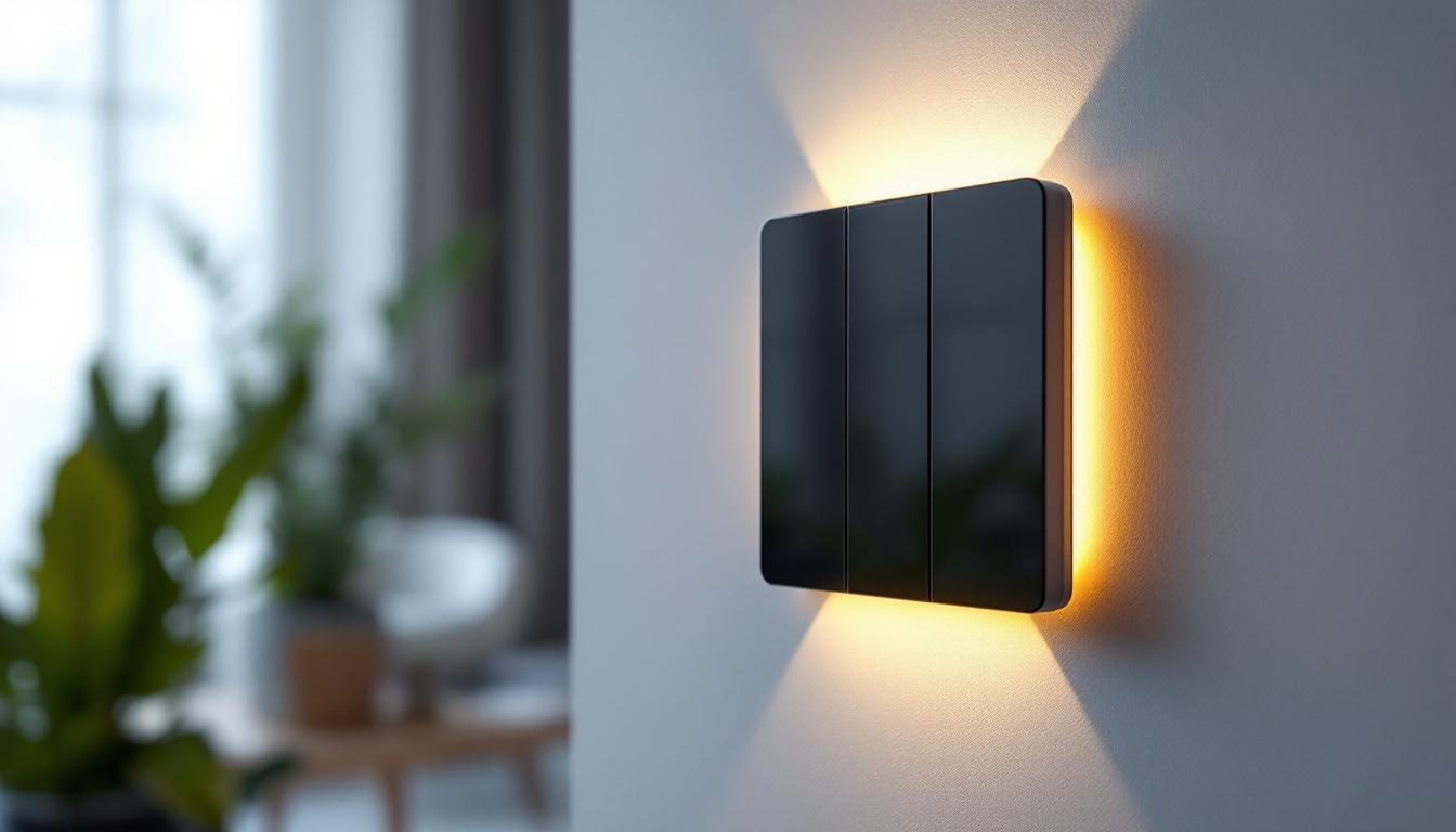 A photograph of a modern light switch slider in an aesthetically pleasing interior setting
