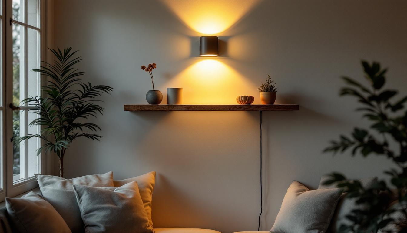 A photograph of a stylish shelf wall light illuminating a cozy living space