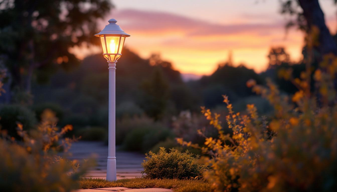 A photograph of a stylish white outdoor lamp post illuminating a charming garden pathway at dusk
