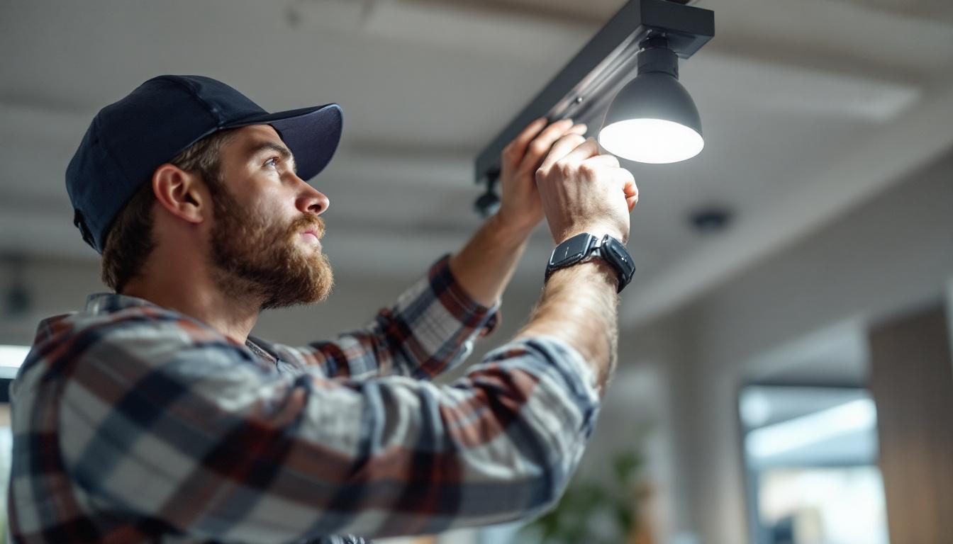 A photograph of a skilled electrical engineer carefully replacing a track light in a modern