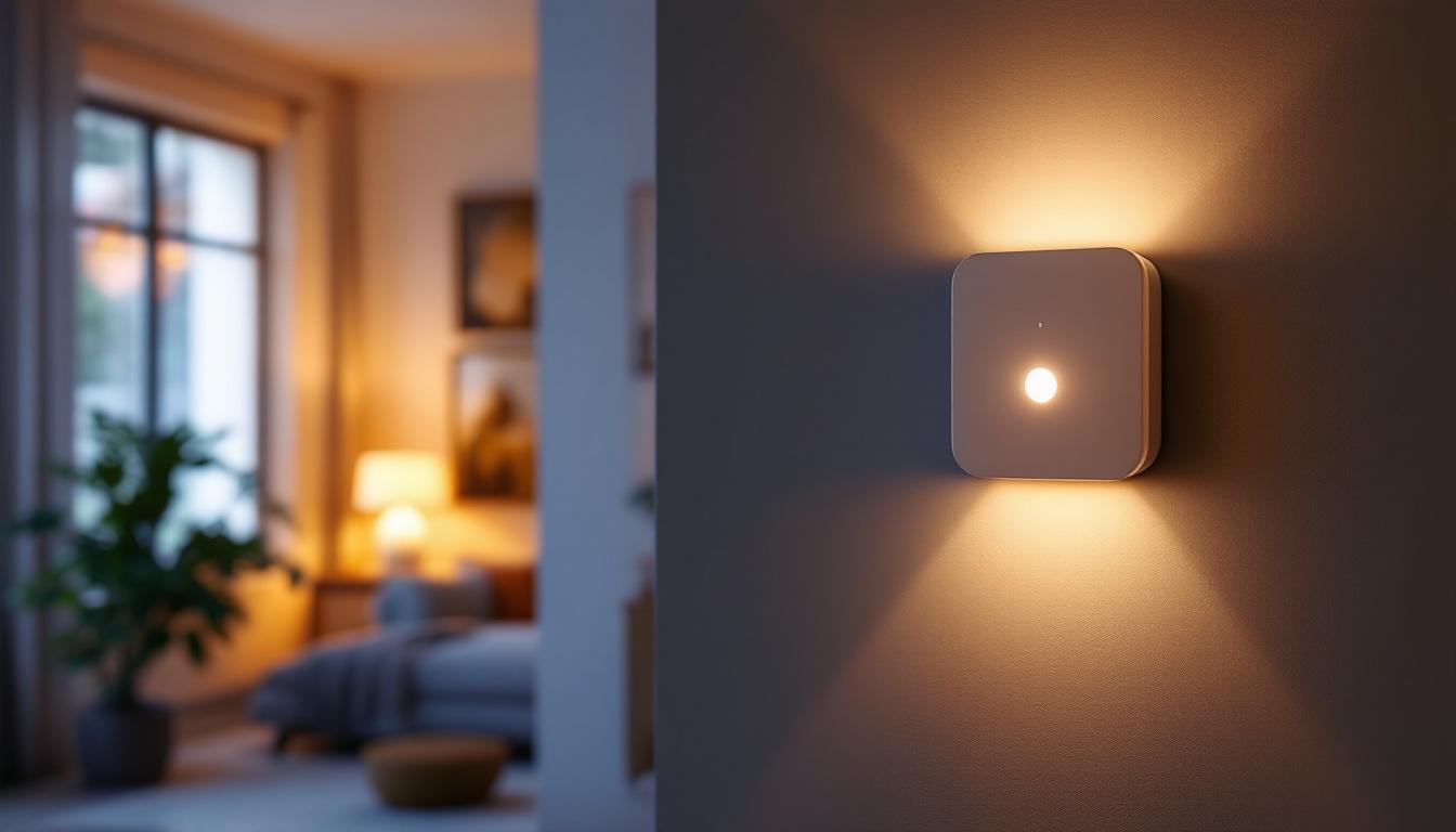 A photograph of a modern smart switch motion sensor installed in a stylish home environment