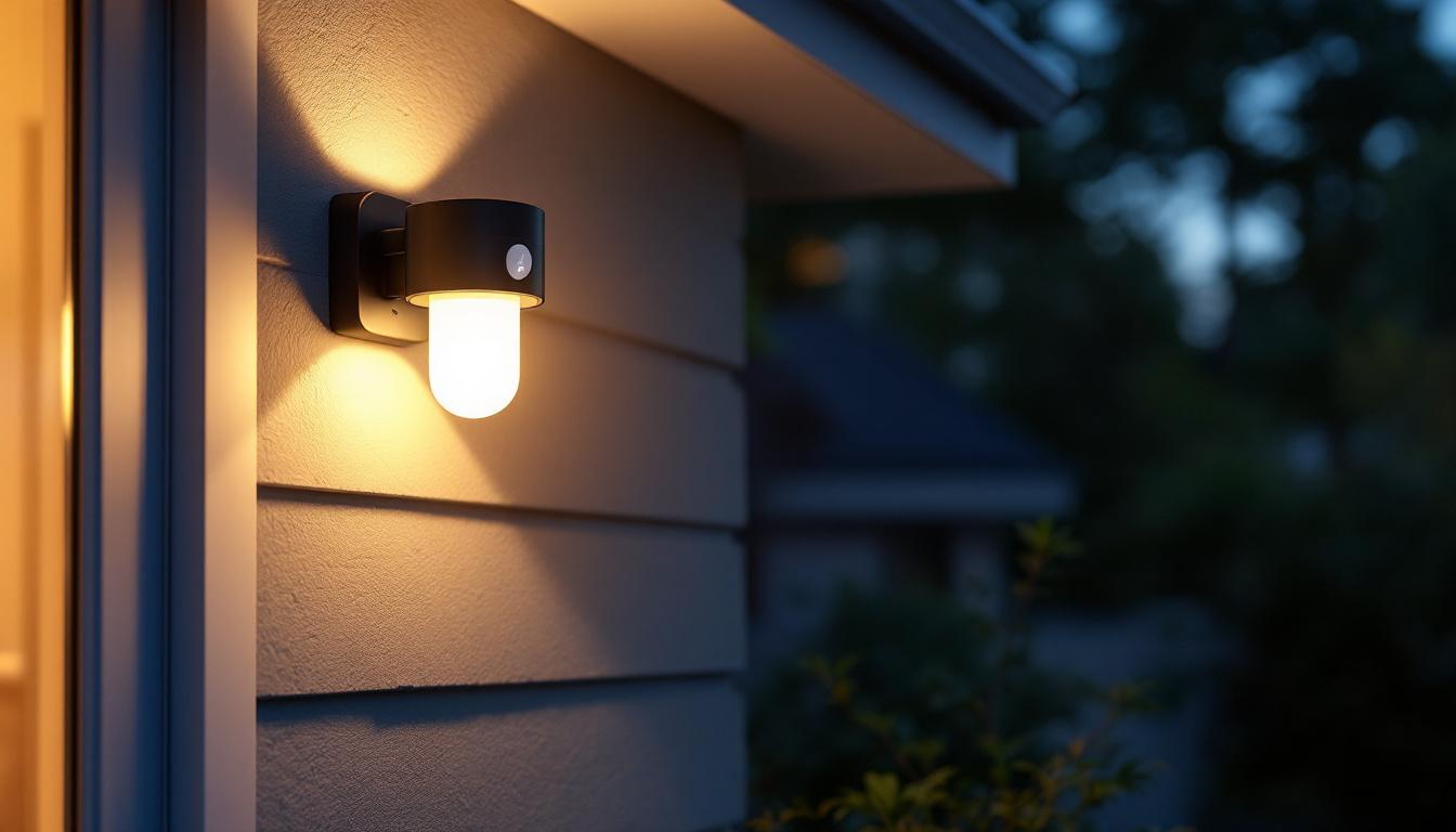 A photograph of an exterior wall light equipped with a photocell sensor