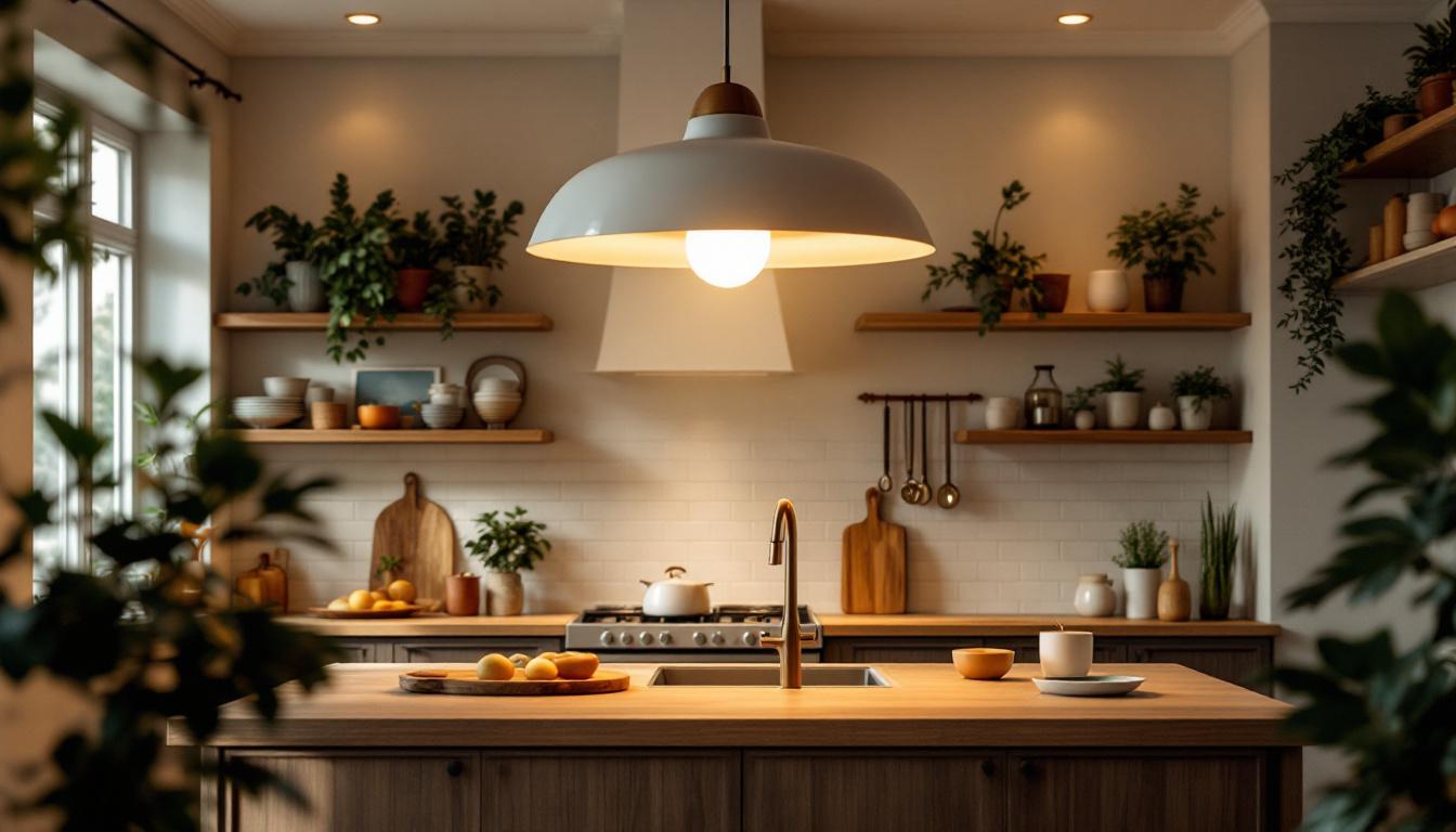 A photograph of a stylish overhead kitchen light fixture that emphasizes energy-efficient design