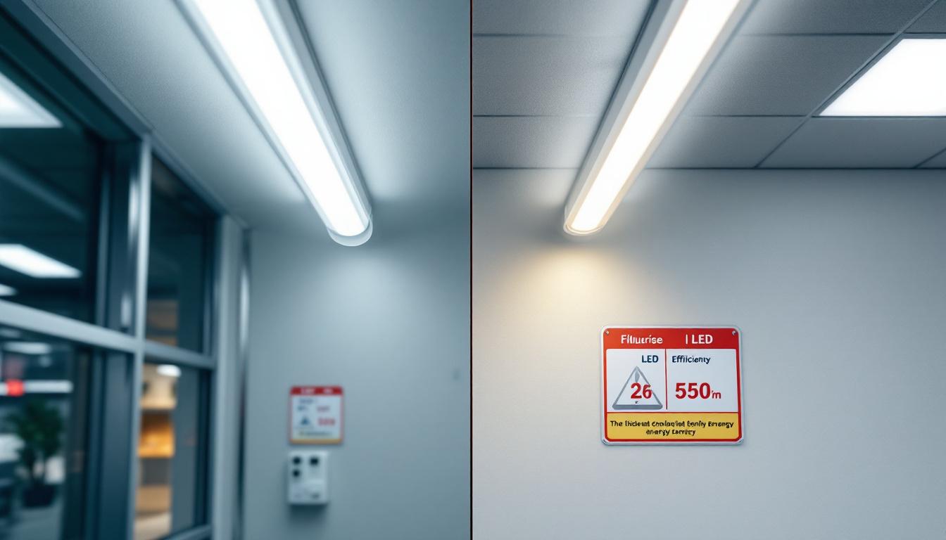 A photograph of a side-by-side comparison of a fluorescent tube and an led replacement tube installed in a well-lit environment