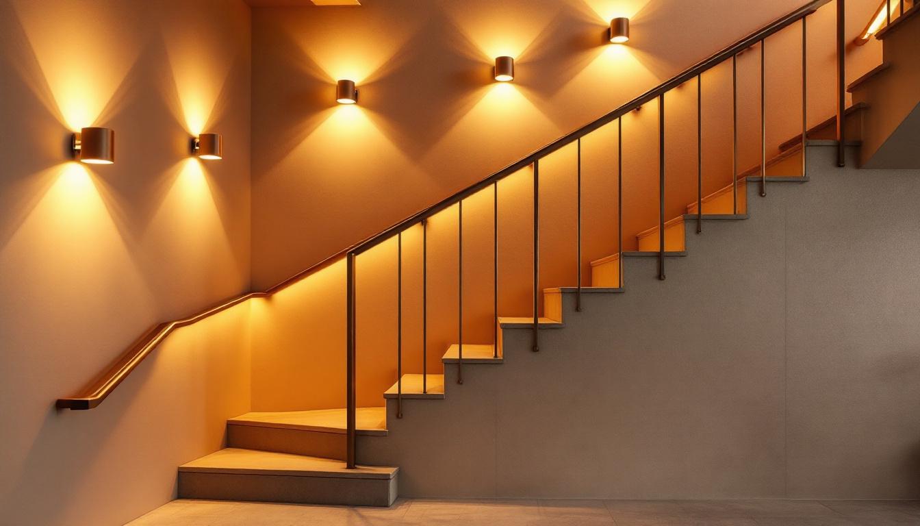 A photograph of a stylish indoor stairway featuring various wall lighting options