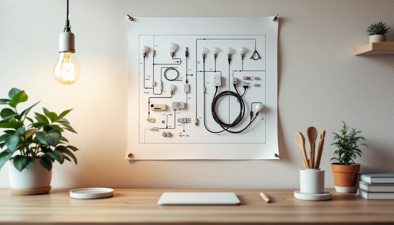 A photograph of a well-organized fluorescent bulb wiring diagram displayed alongside a softly lit workspace