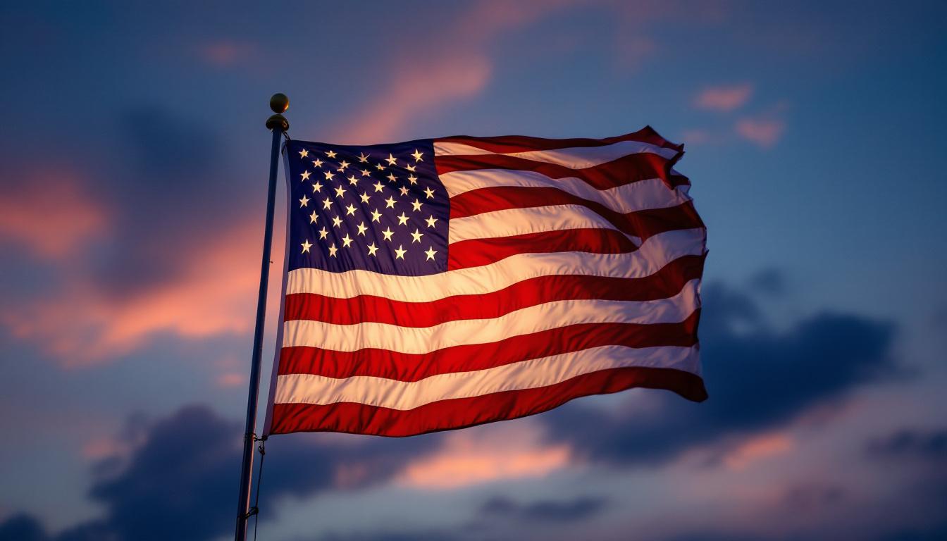 A photograph of a beautifully illuminated american flag at dusk