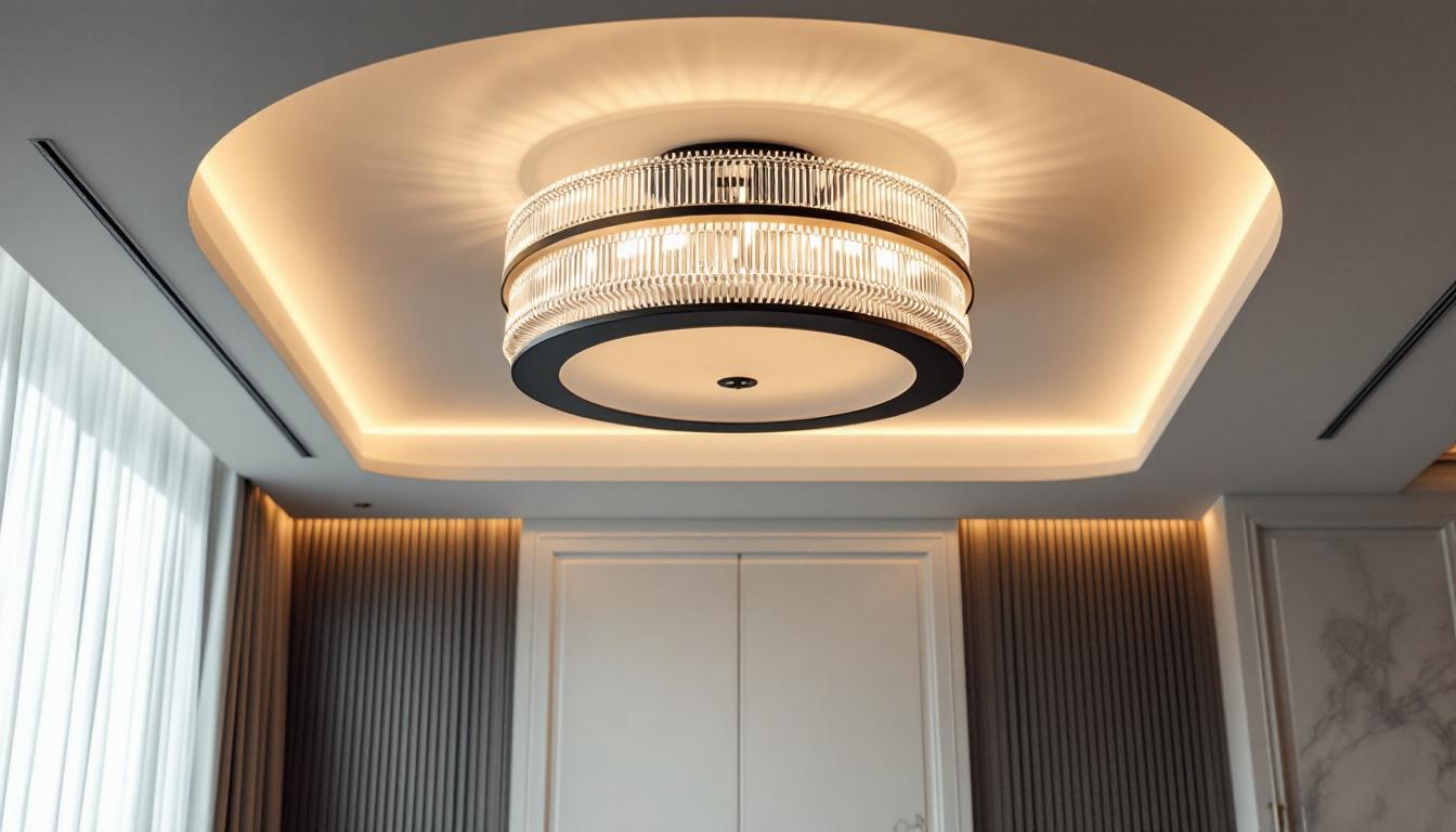 A photograph of a modern ceiling fixture in an elegantly designed room