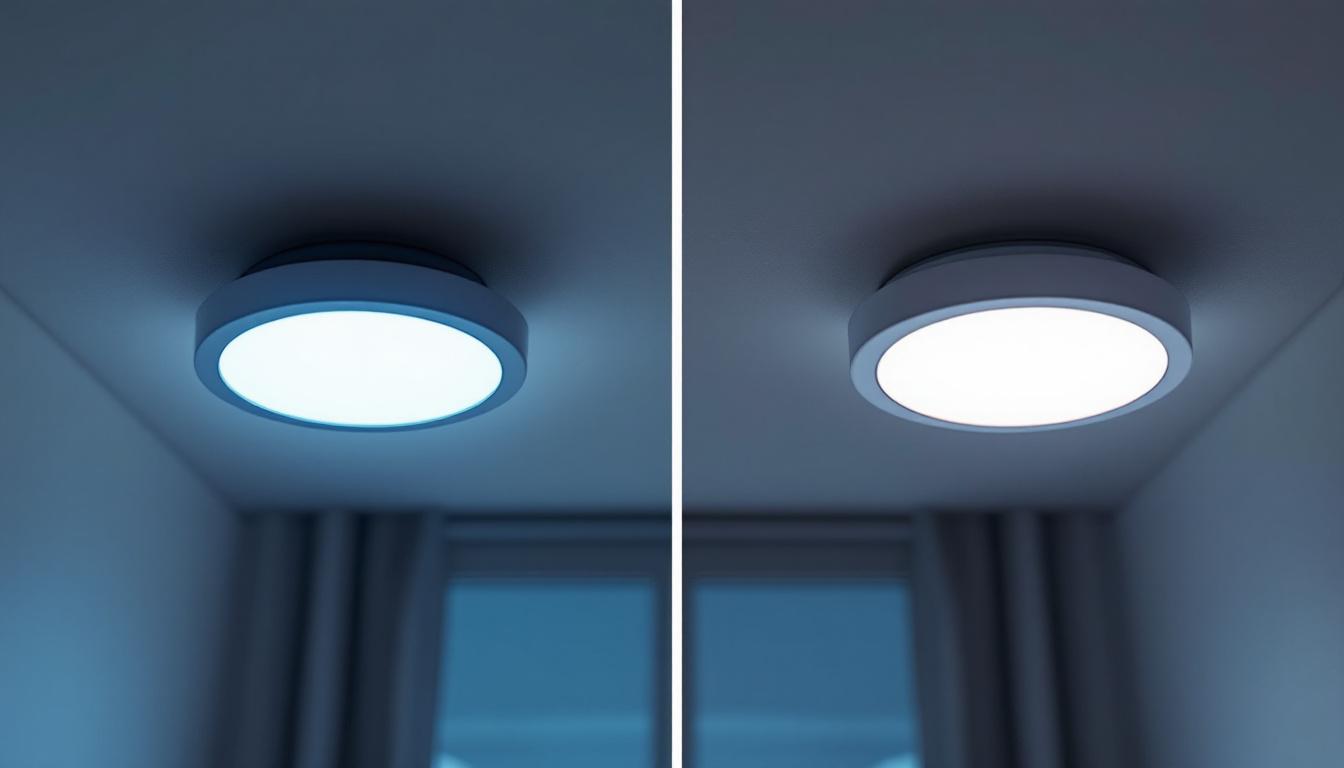 A photograph of a side-by-side comparison of 4-inch and 6-inch recessed lights installed in a ceiling